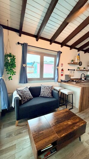 Ein gemütliches Wohnzimmer mit Sofa, Couchtisch, einem fenster mit Vorhängen, einer hängenden Pflanze und einer Küchenzeile mit Spüle und Herd.