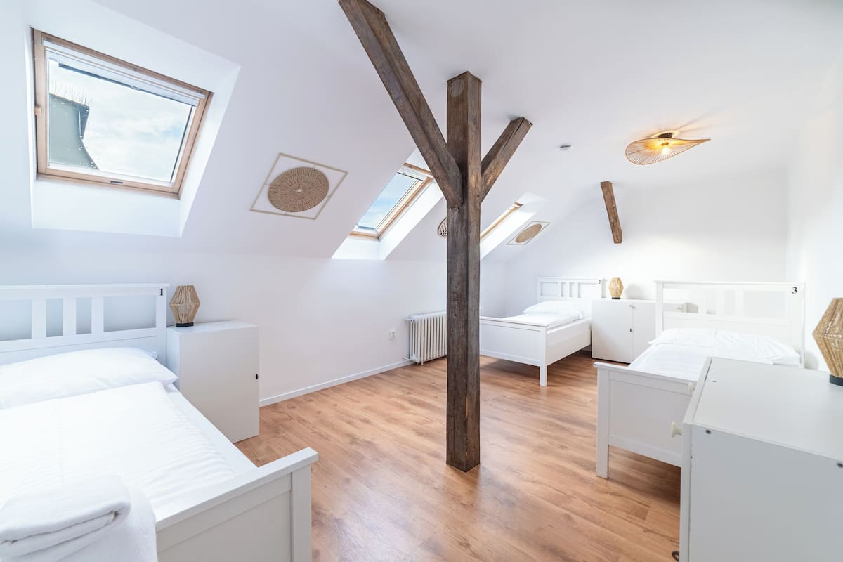 A bedroom with two beds, skylights, wooden beams, and a white color scheme.