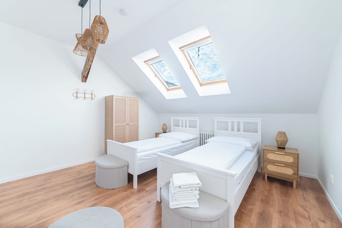 A modern bedroom with two beds, skylights, a wooden wardrobe, and a bedside table.