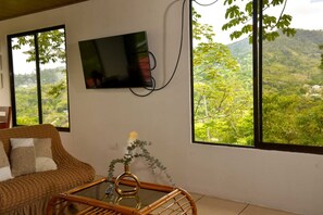 Una habitación con un ventanal grande, un televisor de pantalla plana montado en la pared, un sofá de mimbre y una mesa de centro de vidrio con un florero.