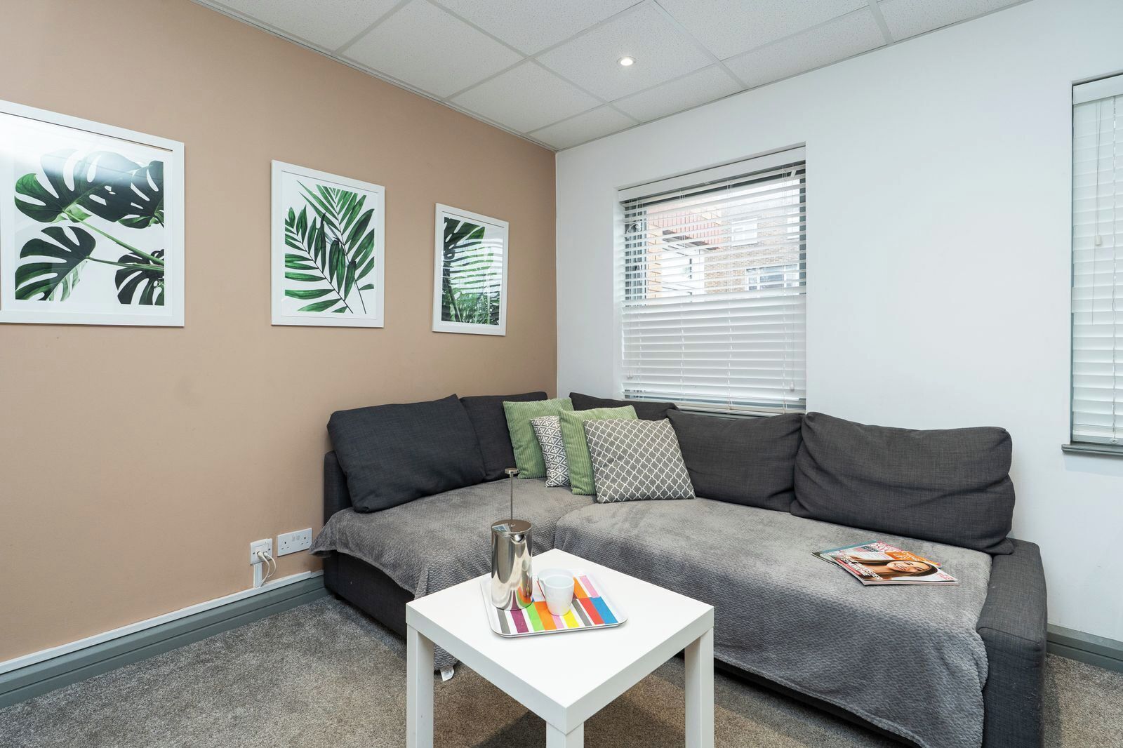 A living room with a grey sofa, a small white table, and three framed leaf artworks on the wall.