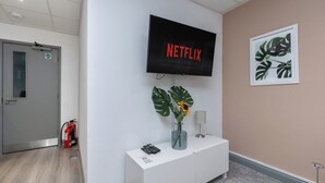Un área de recepción con un televisor montado que muestra 'NETFLIX', una consola blanca con un jarrón y una planta, y una obra de arte con temática floral enmarcada en la pared.