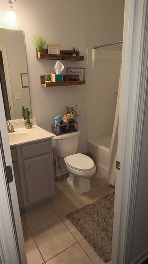 Hair dryer, towels, soap, toilet paper