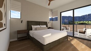 Un dormitorio con una cama grande, mesitas de noche, ventilador de techo y vistas al exterior.