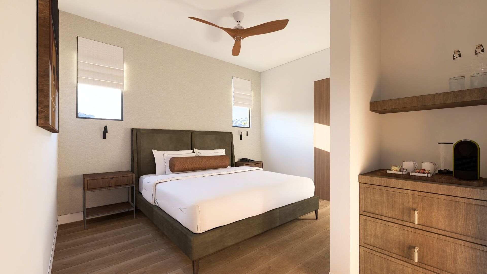 A modern hotel room with a bed, wooden dresser, ceiling fan, and a window with blinds.