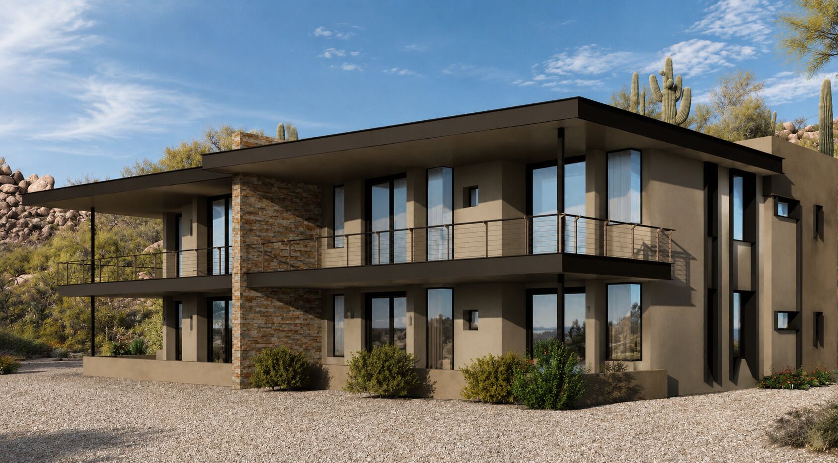 Una casa moderna de dos pisos con techo plano, ventanas amplias y fachada de piedra.