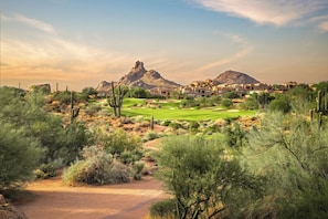 A desert landscape with cacti, a golf course, and buildings in the background. - Scottsdale Golf Retreat at Troon North (Scottsdale)