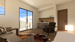 A modern living room with a large sliding glass door leading to a balcony, a kitchen area, and a wooden door. - Scottsdale Golf Retreat at Troon North (Scottsdale)