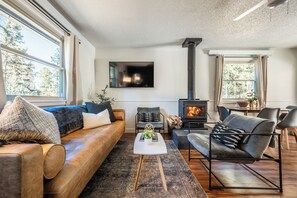 Smart TV, chimenea, libros y monitor de computadora 