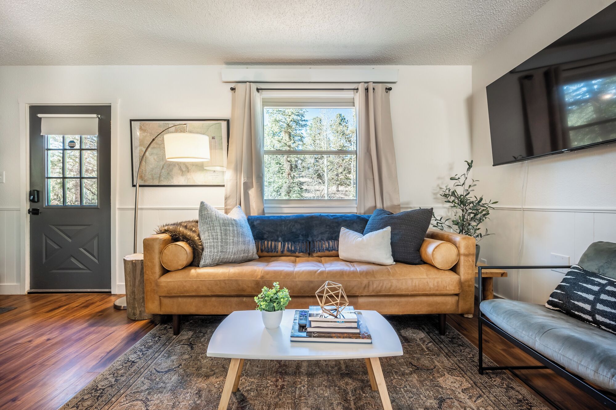 Smart TV, chimenea, libros y monitor de computadora 