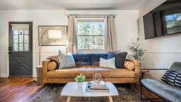 Smart TV, chimenea, libros y monitor de computadora