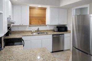 A modern kitchen with white cabinets, granite countertops, stainless steel appliances, and a window with blinds.