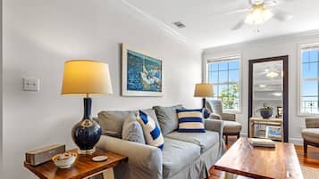 Cypress Luxury Suite, 2 Bedrooms, Bay View | Living area | 43-inch Smart TV with digital channels, toys, books