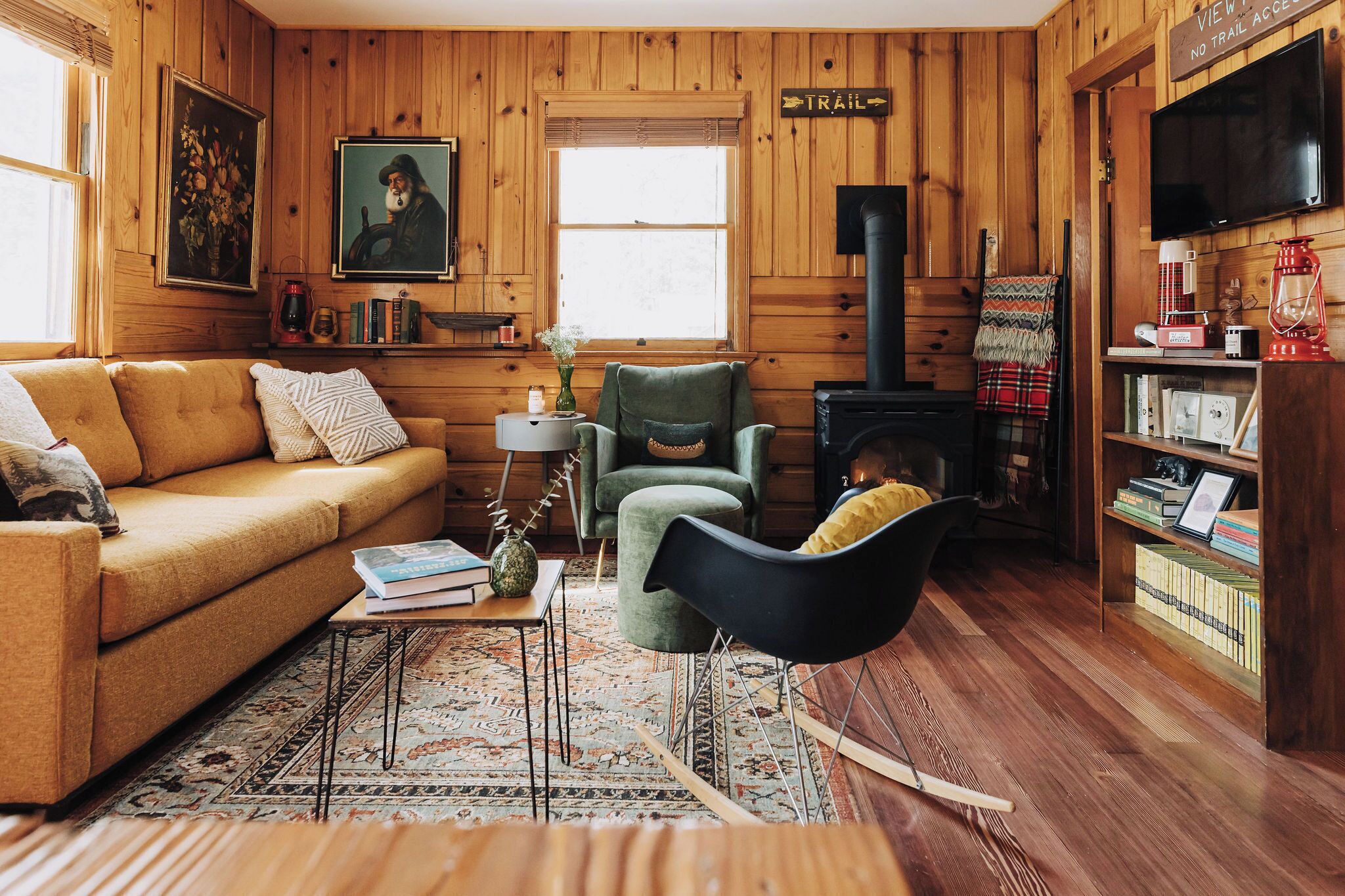 Smart TV, fireplace, books, music library