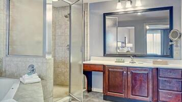 Shower, jetted tub, hair dryer, towels