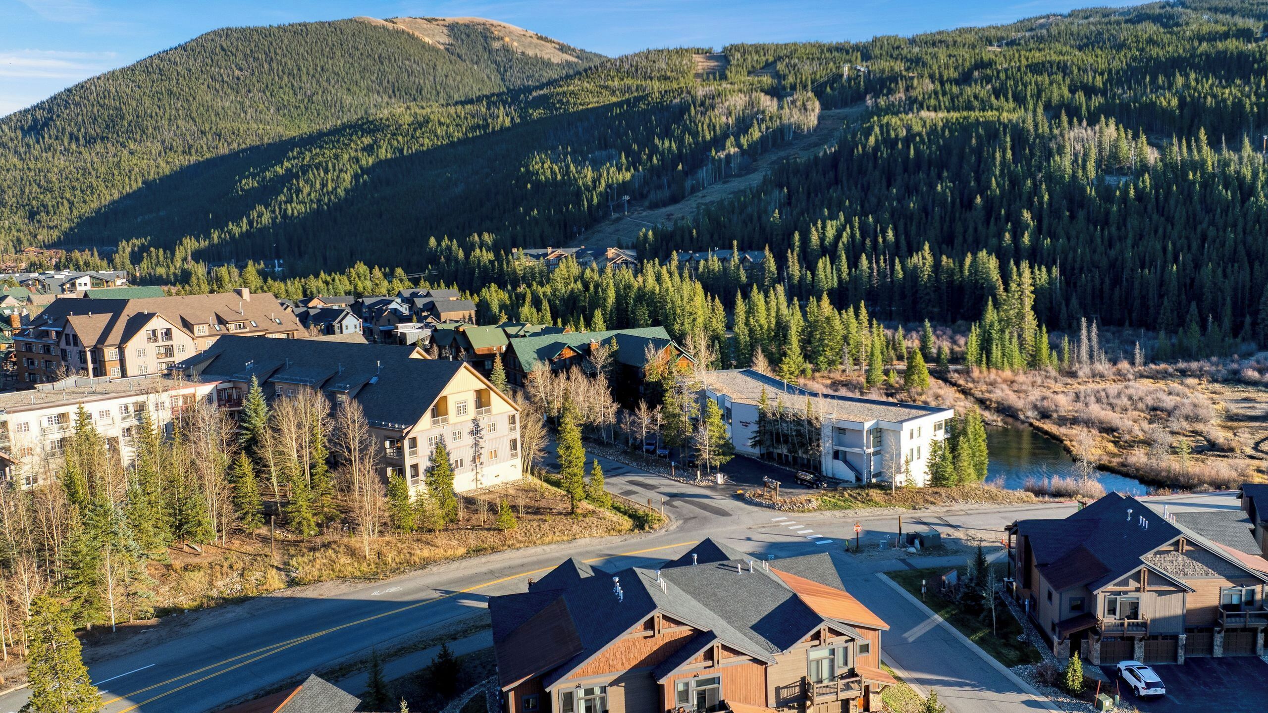 A residential area with houses, a road, and a river.