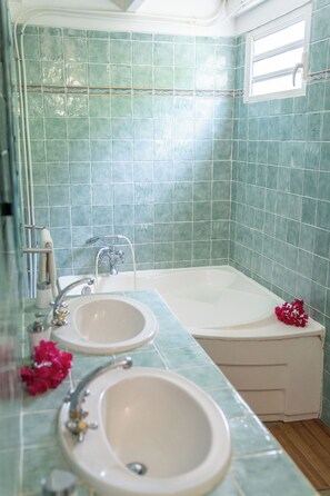 Maison Familiale, vue piscine | Salle de bain | Sèche-cheveux, serviettes fournies, savon, papier toilette