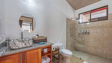 Hair dryer, towels, soap, toilet paper