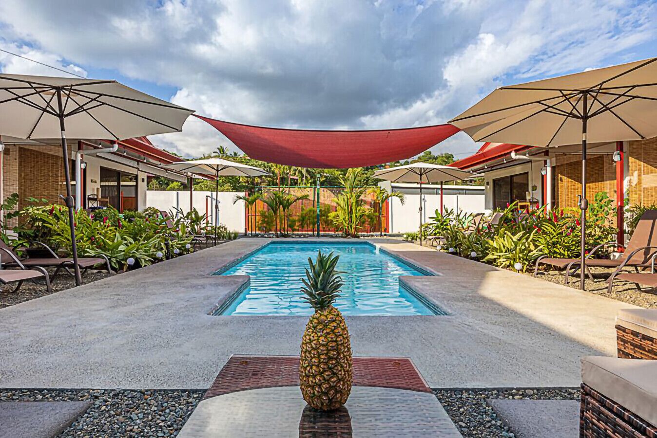 A pool area with lounge chairs and umbrellas, surrounded by plants and a pineapple centerpiece.