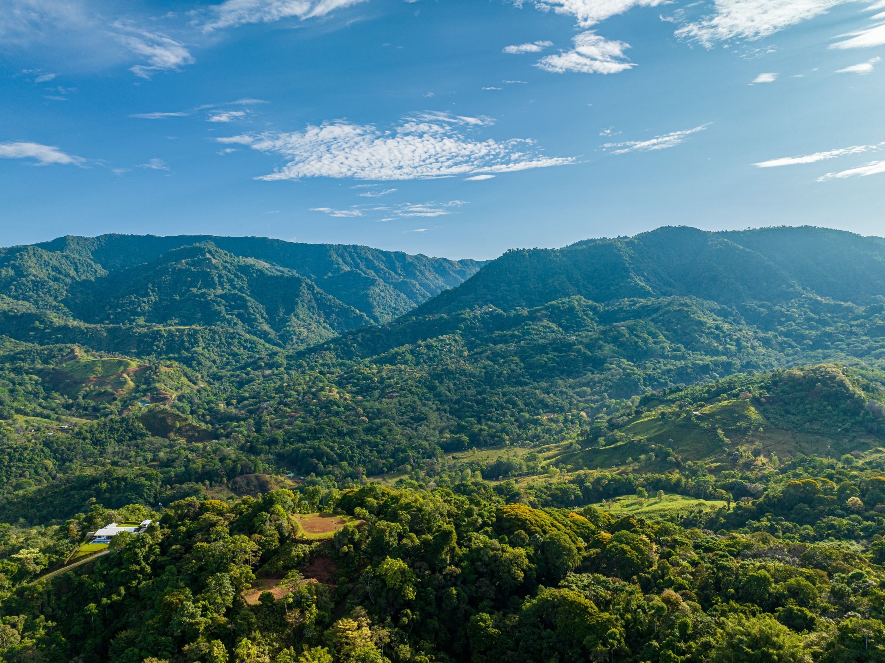 Un paysage montagneux, avec de vastes forêts verdoyantes et quelques bâtiments dispersés.