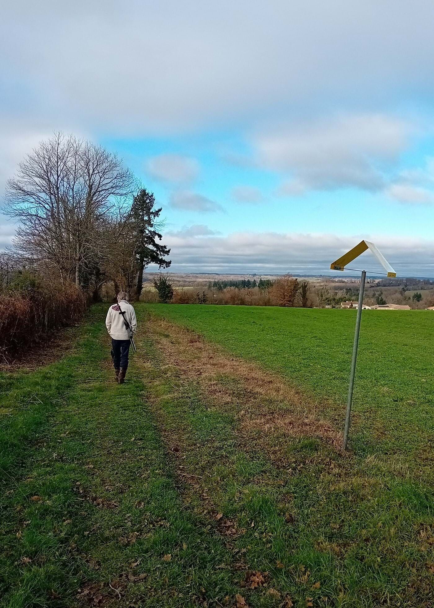 Eine Person geht auf einem Grasweg, begleitet von einem Wegweiser in ländlicher Umgebung.
