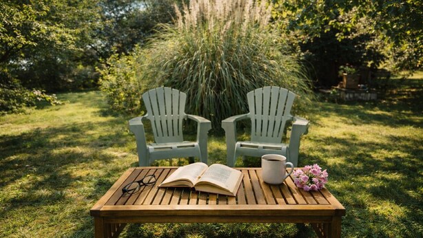 A wooden table with an open book, a pair of glasses, a mug, and a bouquet of flowers in a garden setting with two Adirondack chairs. - Holidayhome Confolens with Heated Pool-
Tranquille Vienne Gites in the Charente (Chirac)
