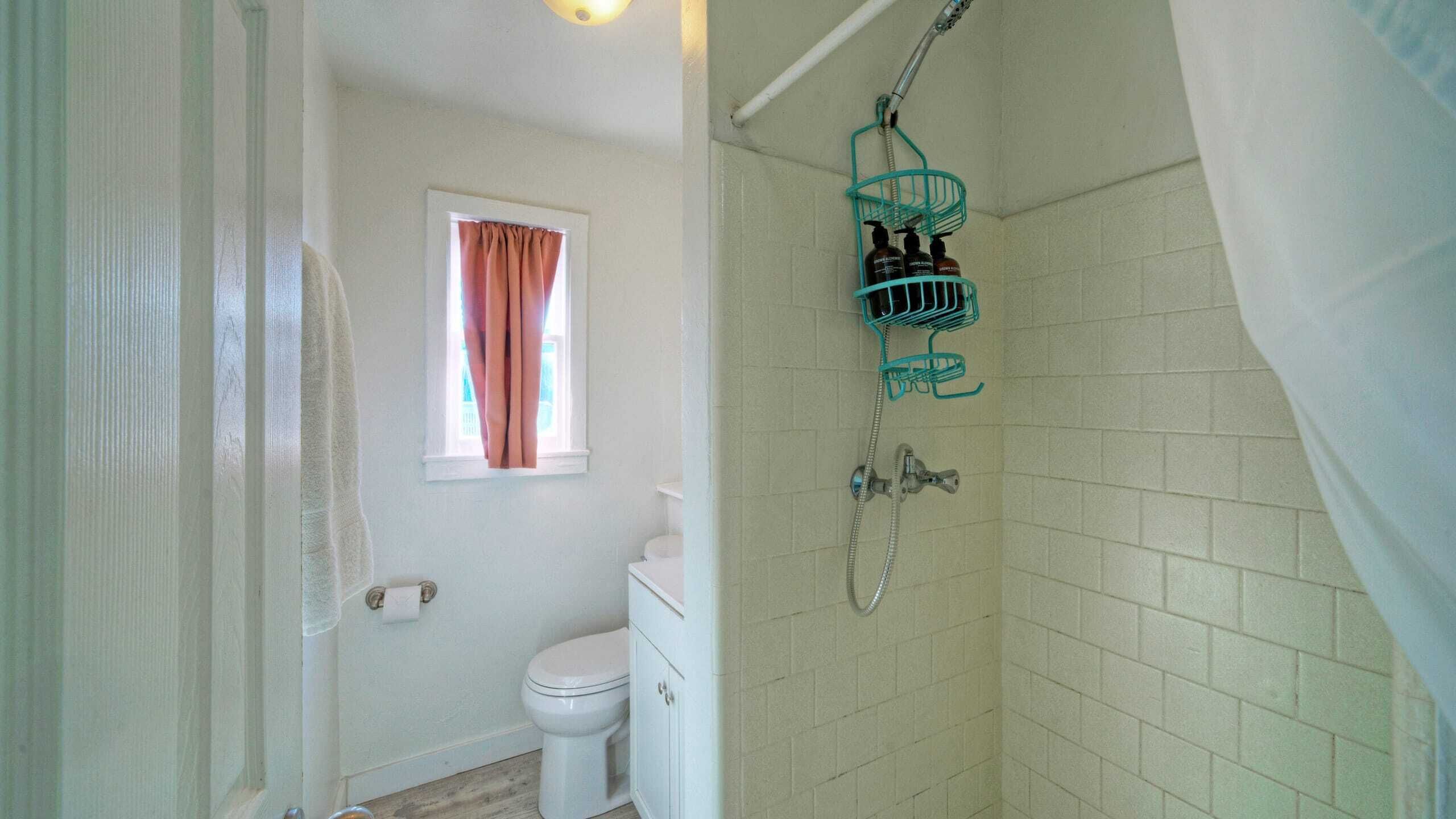 A bathroom with a toilet, a shower with a hose, and a window with curtains.
