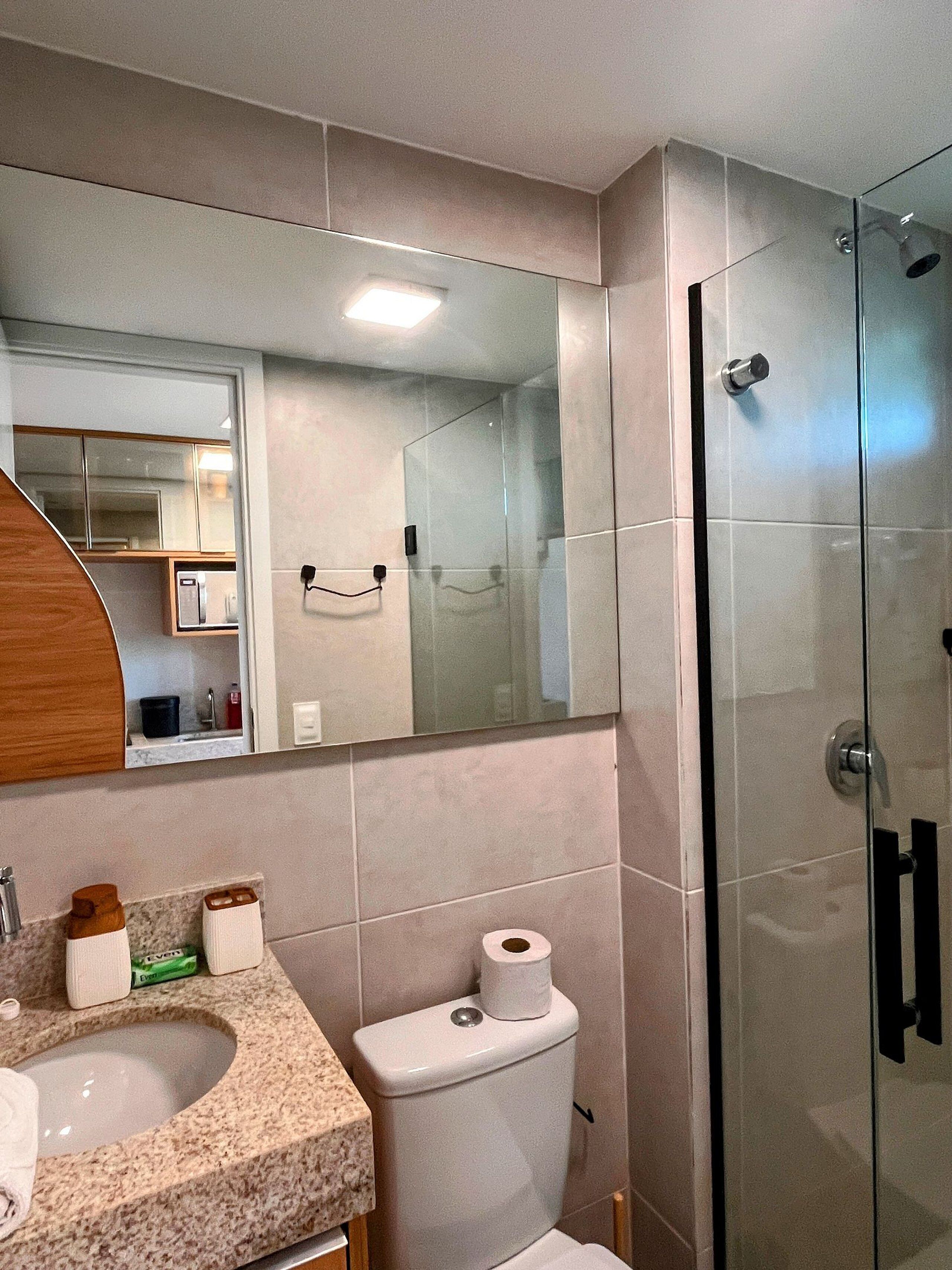 Premium Studio | Bathroom | Shower, towels, soap, toilet paper