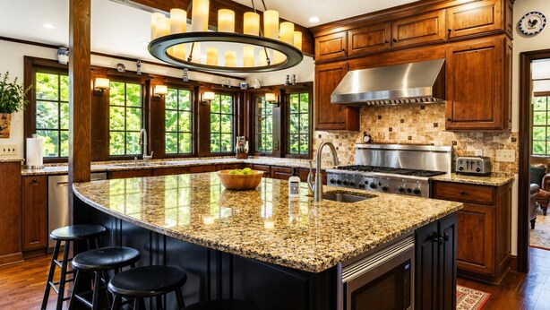 Una cocina con encimeras de granito, una isla grande, electrodomésticos de acero inoxidable y armarios de madera.