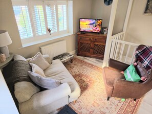 Ein Wohnzimmer mit Sofa, Sessel, Fernseher und einem gemusterten Teppich.