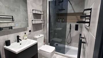 Shower, hair dryer, towels, shampoo