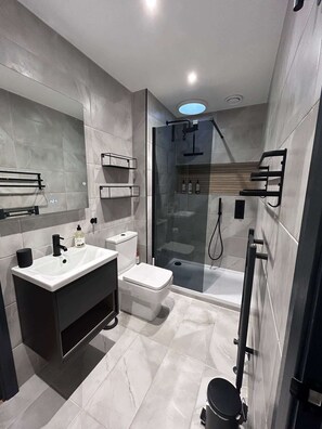 Shower, hair dryer, towels, shampoo