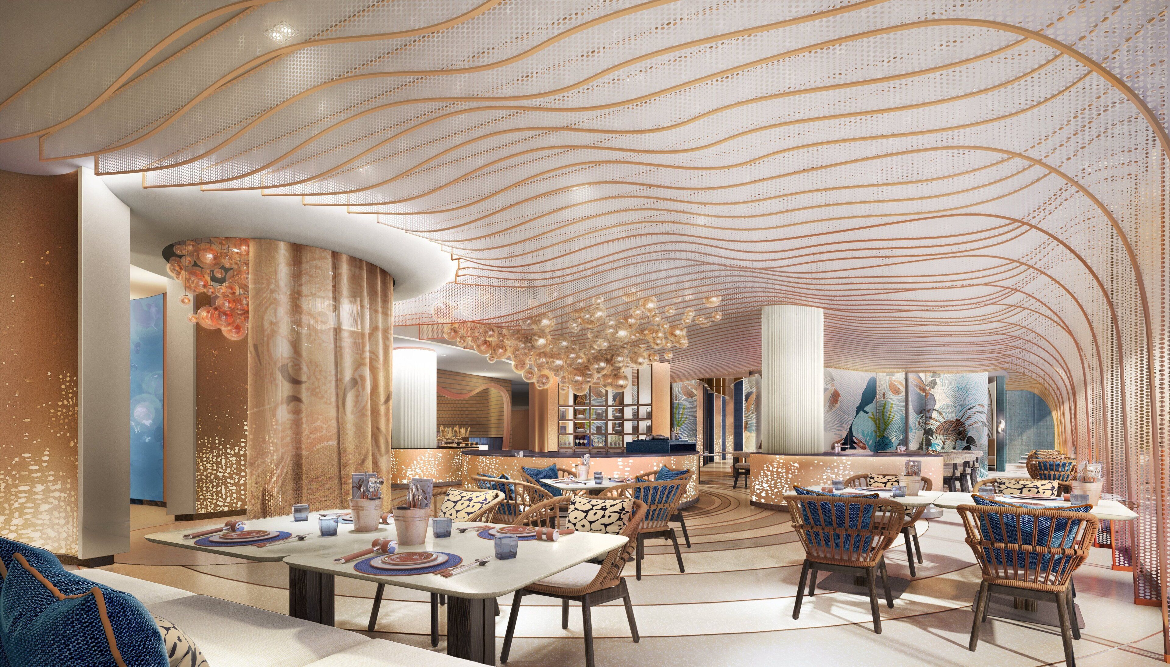 A modern restaurant interior with a unique ceiling design, round tables, and wicker chairs.