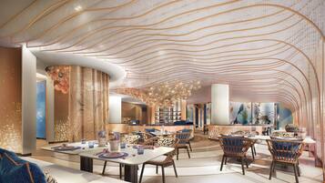 A modern restaurant interior with a unique ceiling design, round tables, and wicker chairs.