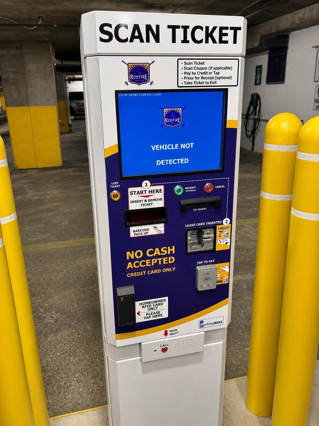 A parking meter with a blue screen displaying 'VEHICLE NOT DETECTED' and instructions for payment methods.