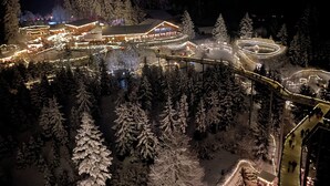 A snow-covered resort with illuminated pathways and buildings, surrounded by tall trees. - Cozy apartment near the Bavarian Forest – ideal for couples or families (Neukirchen, Alemania)
