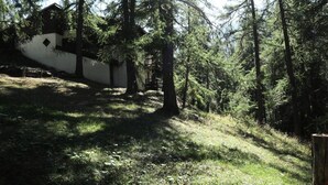 A forested area with a white building, possibly a cabin, surrounded by trees and natural terrain. - Apartment in Larch Forest Near Slopes (Les Orres)