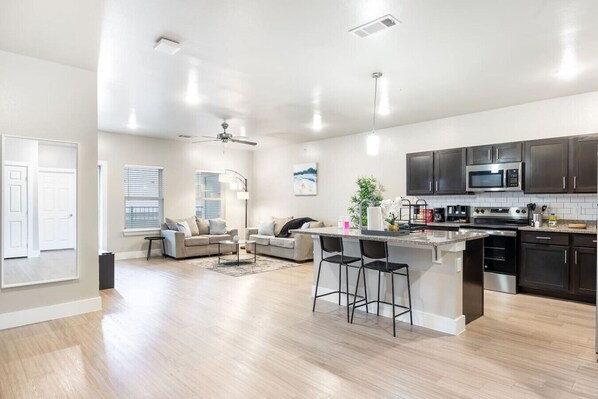 Fridge, microwave, oven, dishwasher