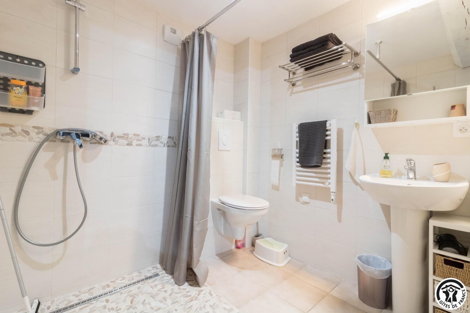 Un bagno con doccia, WC, lavandino e porta asciugamani.