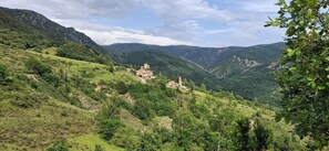 A mountainous landscape with a small building complex surrounded by greenery. - Rural Vacation Rental - Your Gateway to the Spanish Pyrenees (Calvera)