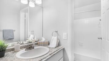 Shower, hair dryer, shampoo