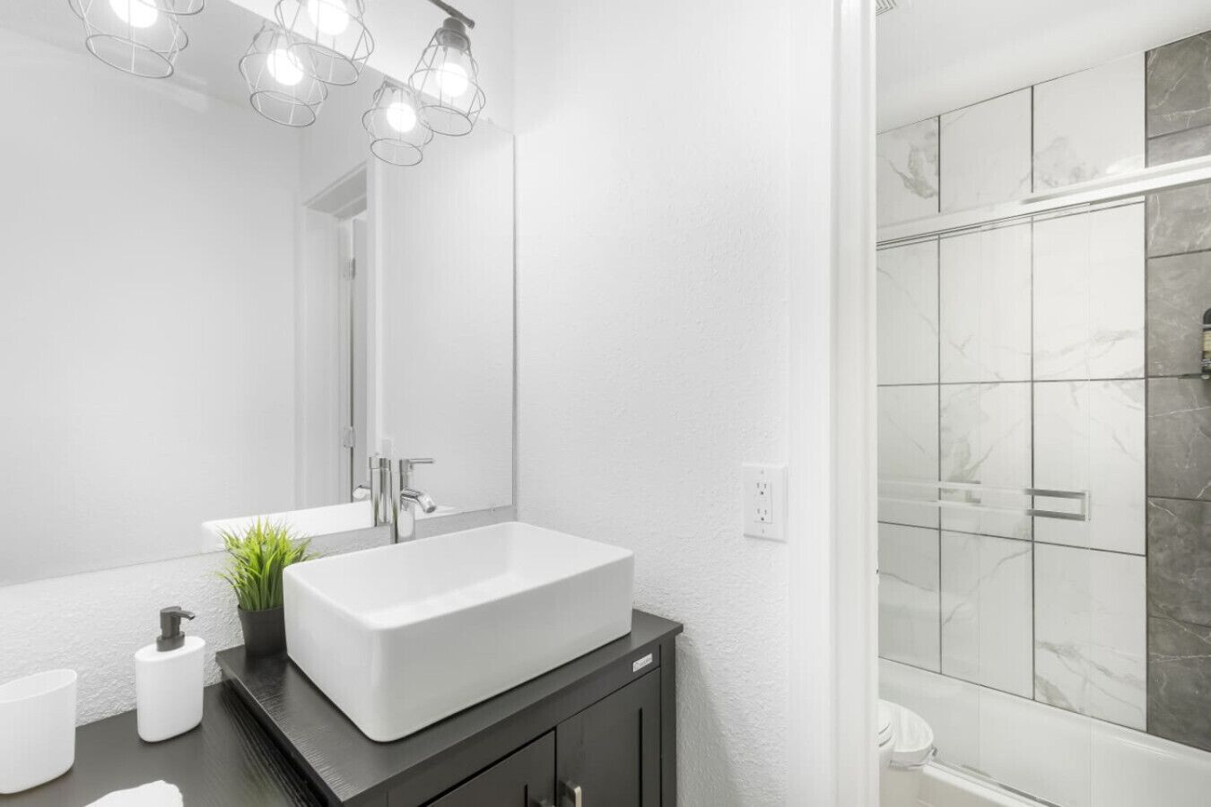 Shower, hair dryer, shampoo