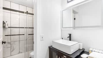 Shower, hair dryer, shampoo