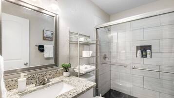 Shower, hair dryer, shampoo