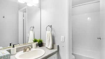 Shower, hair dryer, shampoo