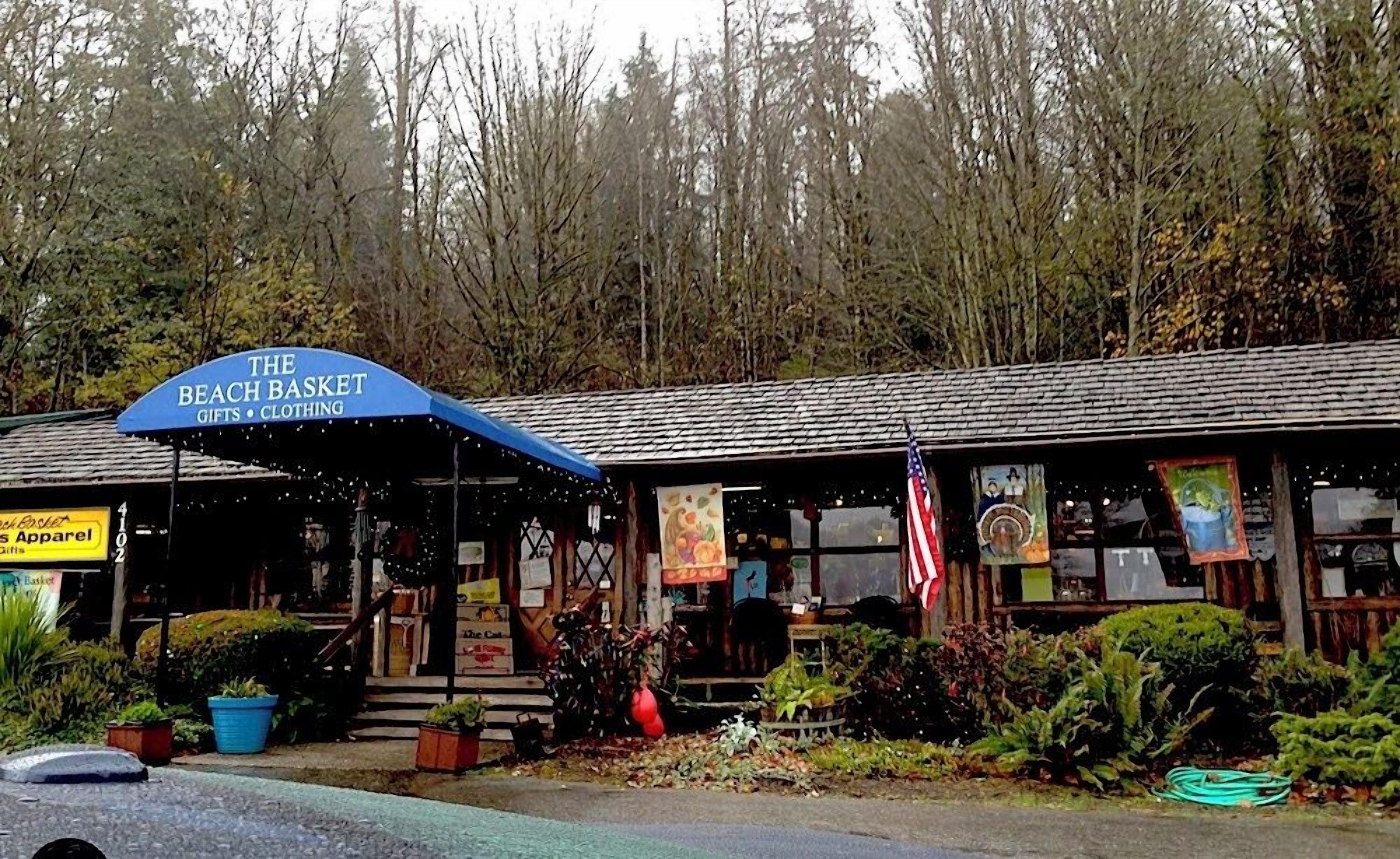 A beach-themed store named 'The Beach Basket' with a blue awning, surrounded by greenery and a forested backdrop.