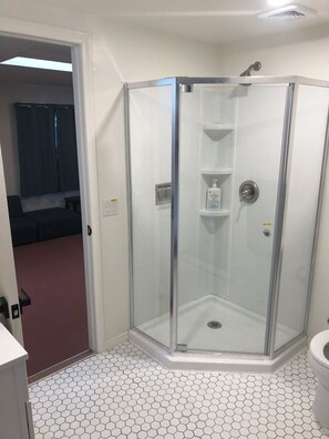 Hair dryer, towels, soap, toilet paper