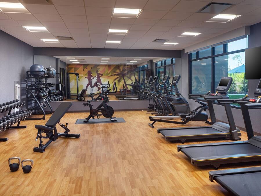 A gym with treadmills, elliptical machines, and free weights.