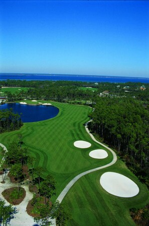 A golf course with a large lake, surrounded by trees and a clear blue sky. - Hyatt House Destin (Destin)