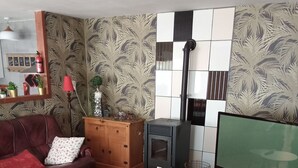 Un salon comprenant un canapé, un téléviseur, une cheminée et un mur décoratif.